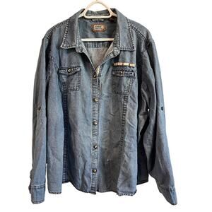 C.E. Schmidt Denim Work Shirt 3X Button Front Roll Tab Sleeves Utility Top
